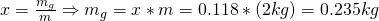 x = \frac{m_g}{m} \Rightarrow m_g = x*m = 0.118 * (2 kg) = 0.235 kg